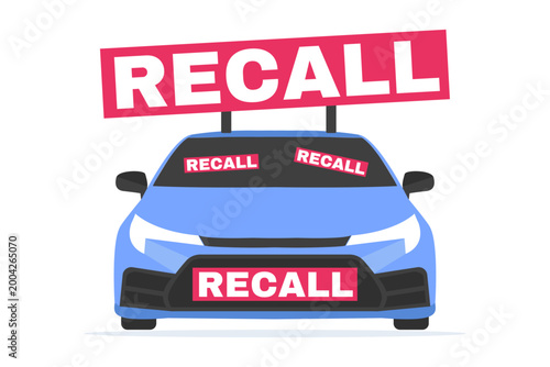 Car with warning labels indicating a product recall, symbolizing issues with automotive safety or manufacturing.