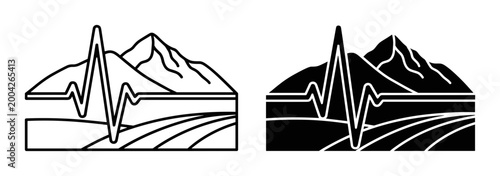 Earthquake seismograph icon set with mountains and ground layers, outline and solid style, white background, vector Illustration