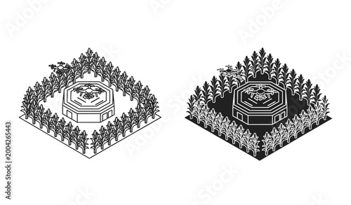 Bunker icon outline and solid, isometric military fortification surrounded by trees, white background, vector Illustration