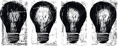 Set of grunge light bulbs in black and white with rough texture, vintage electrical icons and design elements