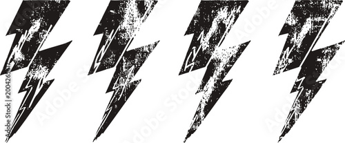 Grunge lightning bolt icons in a row with distressed texture and rough edges