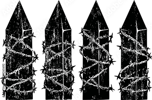 Four pointed wooden fence posts wrapped with thorny barbed wire in black and white silhouette