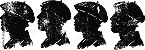 silhouettes of four beret wearing men in profile, vintage artwork