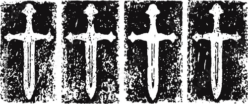 Four distressed sword icons with grunge texture and rough edges in vertical layout
