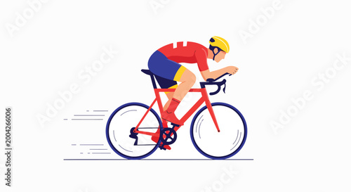 A cyclist in a red jersey and yellow helmet riding a red bicycle with blue wheels in a dynamic motion against a white background.