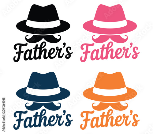 Four colorful fathers day hat and mustache graphic designs isolated on white background