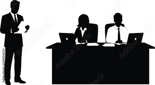 Business, man, standing, with, document, talking, to, colleagues, at, desk, with, laptops, professional, office, meeting, silhouette, vector, teamwork, presentation, corporate