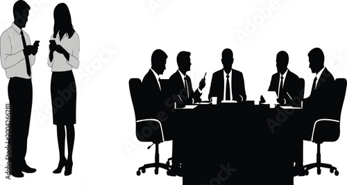 Business, men, silhouette, sitting, at, table, in, boardroom, meeting, professional, corporate, teamwork, collaboration, communication, networking, seminar, conference, executive, office, vector