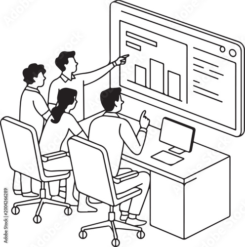 Team presenting data analysis on large screen in  startup office room 