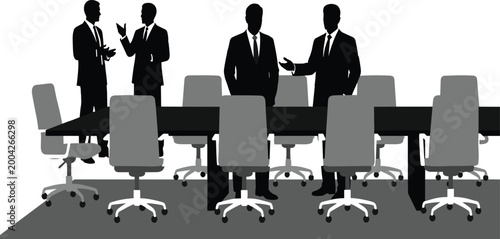 Business, people, silhouette, standing, around, boardroom, table, in, office, meeting, room, professional, corporate, teamwork, collaboration, communication, networking, seminar, conference, vector