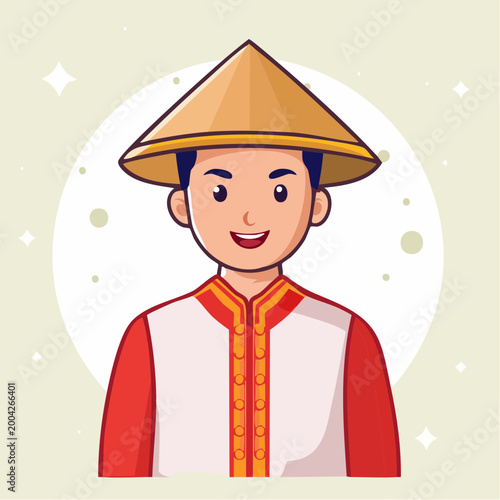 Cartoon of a smiling young man wearing a conical hat and traditional clothing