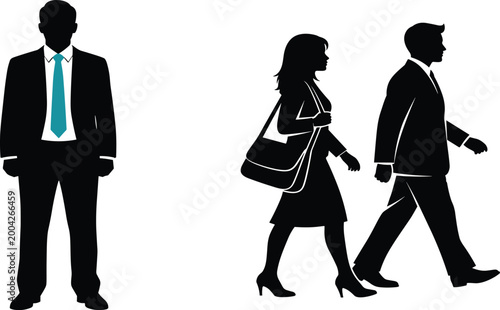 Business, professional, silhouette, people, walking, man, woman, corporate, suit, teal, tie, office, workers, standing, executive, group, isolated, background, career, success,
