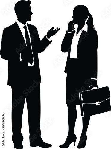 Business, man, and, woman, silhouette, standing, talking, holding, briefcase, professional, corporate, teamwork, collaboration, communication, networking, meeting, colleagues, partnership, office, vec