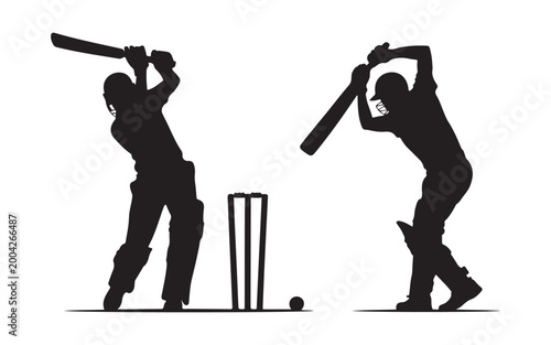 Two cricket players batting and bowling on a field