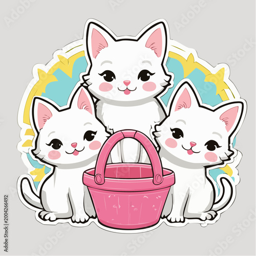 Three Cute White Kittens with Pink Basket