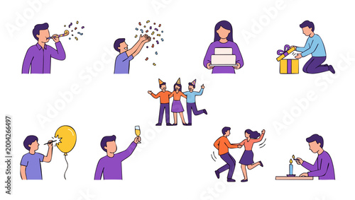 Birthday Party Celebration Vector Set, People Celebrating Events with Cake, Gifts, and Dancing Characters in Flat Design Style for Festive Greeting Cards, Social Media Graphics, and Anniversary Concep