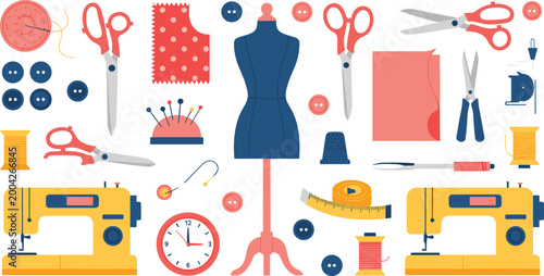 Foto Sewing and Tailoring Tools Illustration Set with Sewing Machines, Scissors, Butt