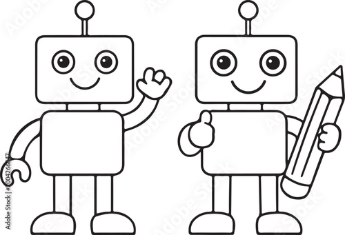 Cute Robot Line Art Vector Set Kids Coloring Book Cartoon Character Illustration