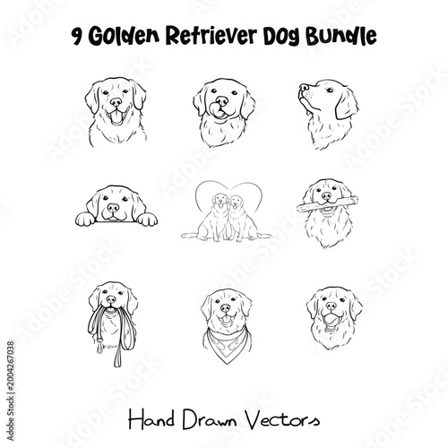 9 Golden Retriever Dog Portrait Bundle Hand Drawn Line Art Vector Illustration Coloring Page