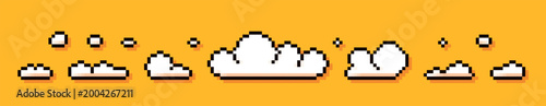Set of pixel game art white clouds on yellow background.