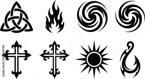 Collection of tribal and spiritual symbols including Celtic trinity knot, flames, spiral vortex swirls, ornate crosses, sun emblem and Polynesian hook in black vector style
