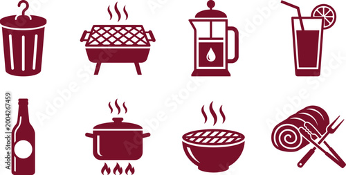 Food and drink icons set including trash bin, barbecue grill, coffee press, juice glass, bottle, cooking pot, soup bowl and roasted meat isolated