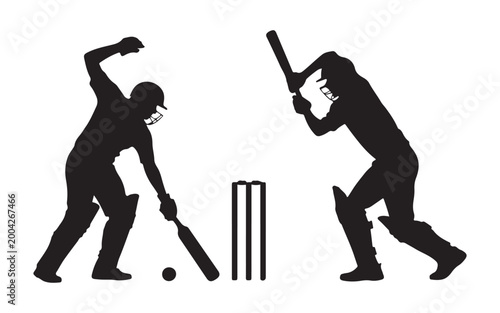 Cricket players batting and bowling in a game