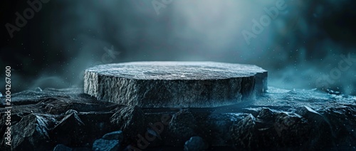 Circular stone platform sits on rocky surface with mist rising in a dark environment during nighttime
