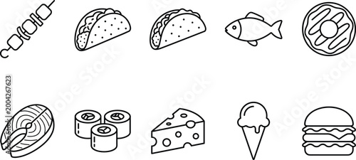 Minimal outline food icon set including tacos, sushi rolls, fish, grilled skewer, donut, salmon steak, cheese, ice cream and burger vector collection