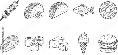 Hand drawn food icons collection featuring tacos, sushi rolls, salmon steak, grilled skewers, fish, donut, cheese, ice cream and burger outline vector set