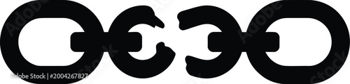 Black and white silhouette of a broken metal chain consisting of four oval links with the two central links snapped and separated, representing a loss of connection, failure, or freedom