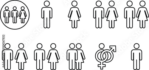 Set of gender and people line icons featuring male female symbols, couples, groups, diversity and identity, minimal outline vector collection for UI design