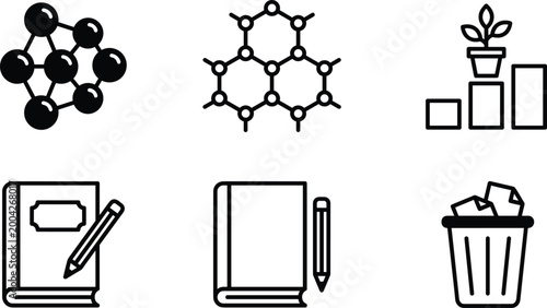 Set of minimal line icons featuring molecule structure, hexagonal lattice, growth chart with plant, notebooks with pencils, and trash can, clean vector outline collection