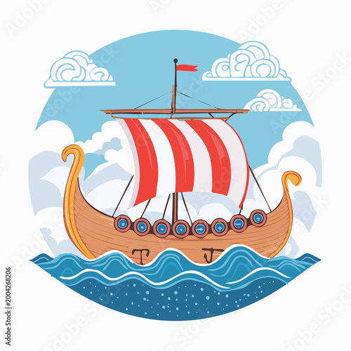 Viking Ship Sailing on the Sea with Clouds