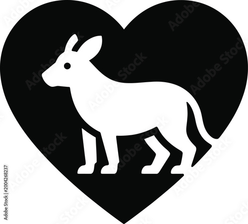 Simple black and white of a dog standing inside a heart shape, symbolizing love for pets, animal companionship, veterinary care, or pet adoption services on a white background