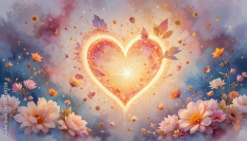 Radiant golden heart of light glows warmly surrounded by ethereal petals and sparkles dreamy floral composition symbolizing love serenity and beauty romantic abstract illustration concept