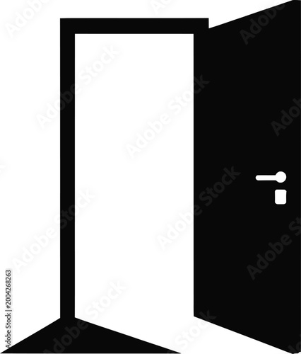 Simple black and white of an open door with a handle, representing an entrance, exit, opportunity, access, or transition, isolated on a white background, for use in, web and mobile applications