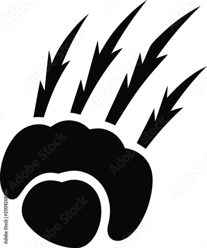 A black and white depicting a large animal paw print with sharp, curved claw marks extending upwards, isolated on a white background, representing a predator, style