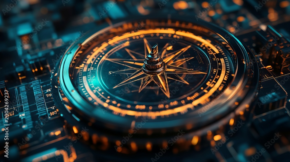 Fototapeta premium A futuristic digital compass with glowing orange and blue highlights on a technology-themed background