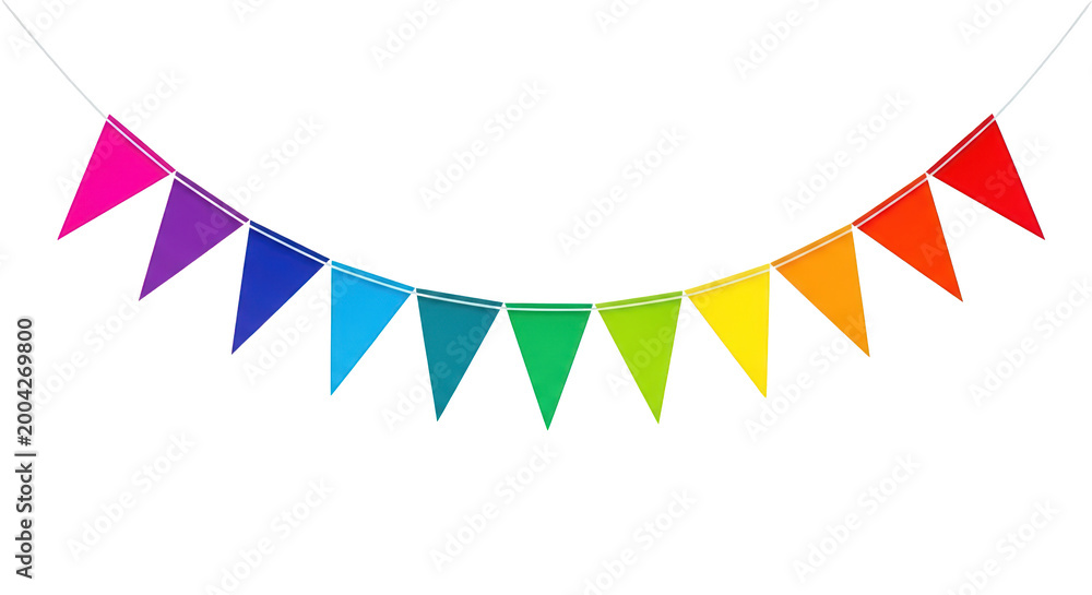 Obraz premium Colorful rainbow bunting flags garland for party celebration isolated on transparent background
