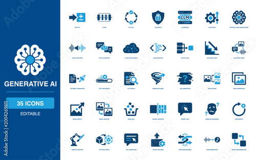 Artificial Intelligence and Generative Ai Glyph Icon Collection Prompting Chip LLM Brain Waveform Automation Swirl Editing Variation Neural Synthetic Text Vision Generation Bot Code Robot