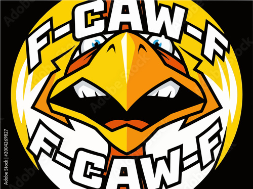 Intense Screaming Bird Mascot Logo with F-CAW-F Text, Aggressive Yellow Raptor Sports Badge Vector Illustration