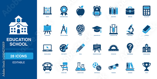 Learning Academy and Education School Solid Icon Set Teaching Abacus Backpack Calculator Compass Globe Graduation Notebook Palette Protractor Telescope Textbooks Trophy Flask Chemistry Desk