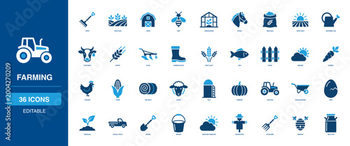 Agriculture Crops and Farming Solid Icon Set Cultivating Rake Barn Bee Greenhouse Horse Seed Watering Plow Rubber Rice Fence Manure Chicken Hay Silo Tractor Pickup Pitchfork Milk Wheat