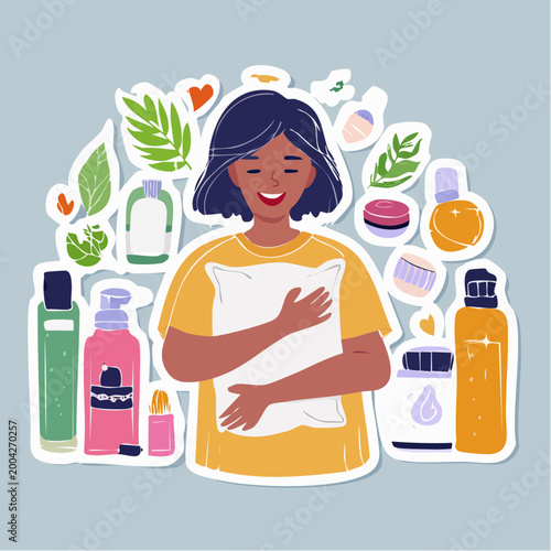 Woman Hugging Pillow Surrounded by Skincare and Beauty Products
