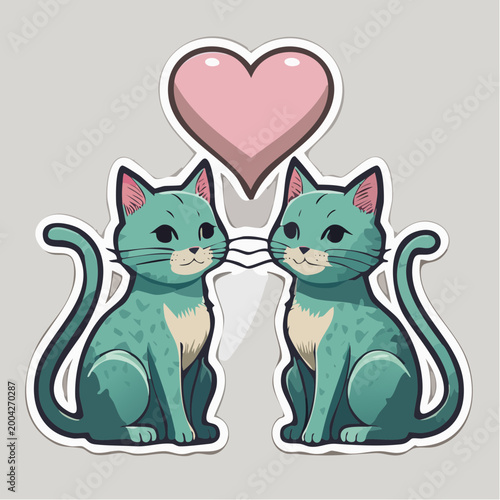 Two Cute Teal Cats in Love with Pink Heart
