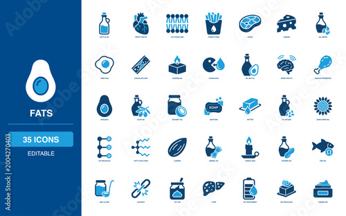 Oils Nutrition and Fats Glyph Icon Collection Consuming French Fries Steak Cheese Drops Chocolate Cookie Avocado Olive Coconut Soap Butter Sunflower Molecule Almond Herbal Wax Liver Cream