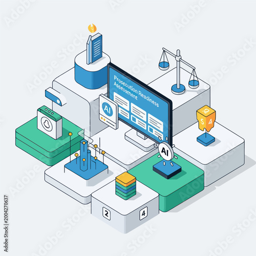 Isometric illustration of AI-powered legal technology for prosecution readiness assessment, featuring data management, justice scales, and digital processes.