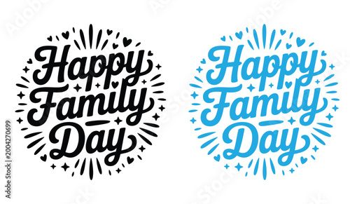 Stylized lettering reads Happy Family Day with decorative elements in black and blue isolated on transparent backgrounds