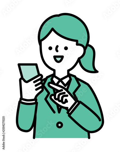 笑顔でスマートフォンを操作する女性のイラスト